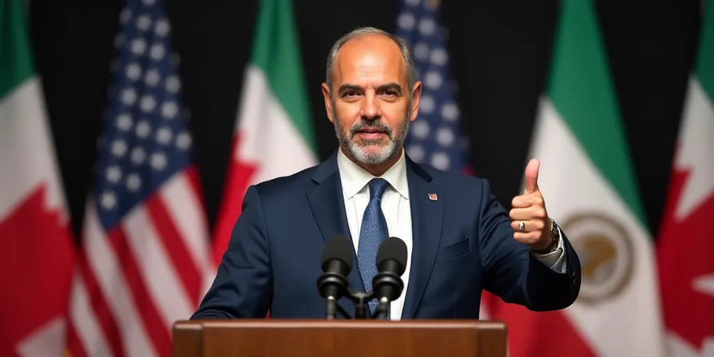 a man giving a thumbs up in front of a podium with flags behind him and a microphone in front of him