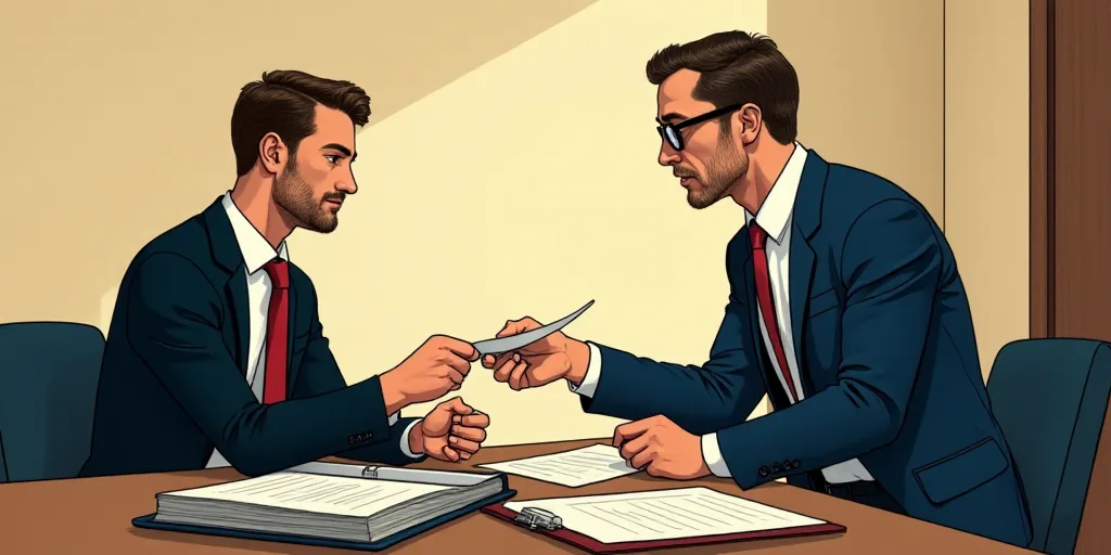 a man handing another man a piece of paper at a desk with a binder and clipboard on it, Cedric Seaut
