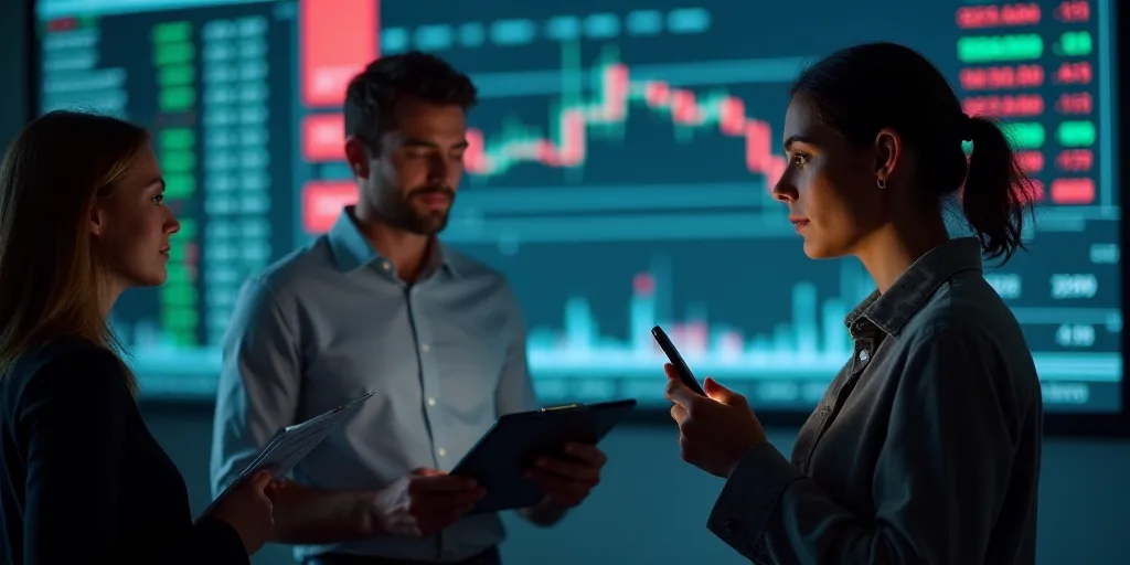 a man holding a cell phone in front of a stock market board with a woman looking at it and another w