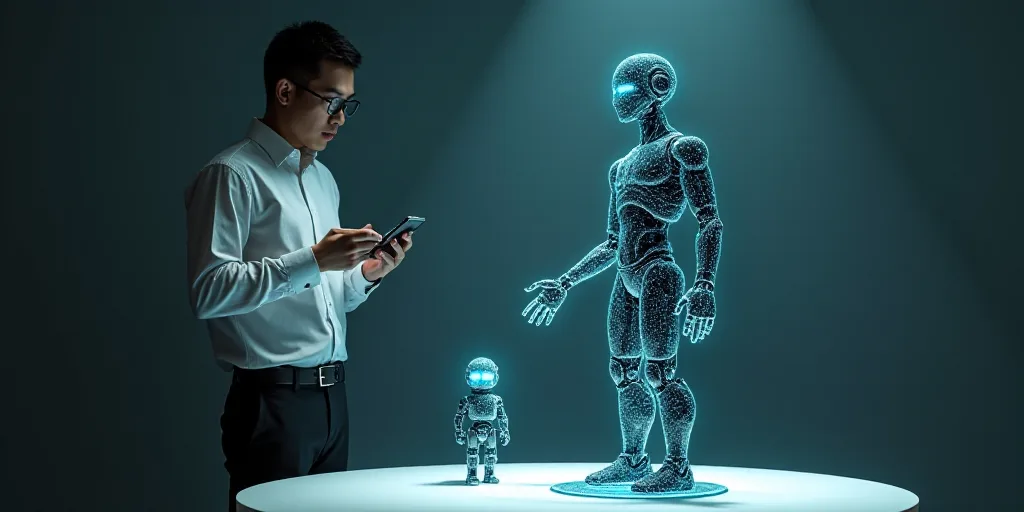 a man holding a cell phone in his right hand and a robot on the other hand, while standing next to a
