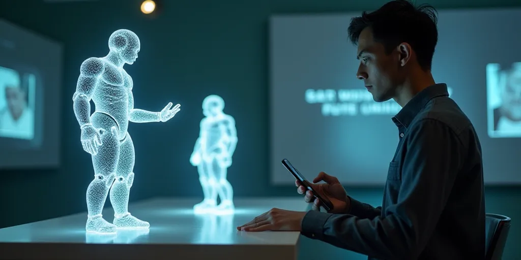 a man holding a cell phone in his right hand and a robot on the other hand, while standing next to a