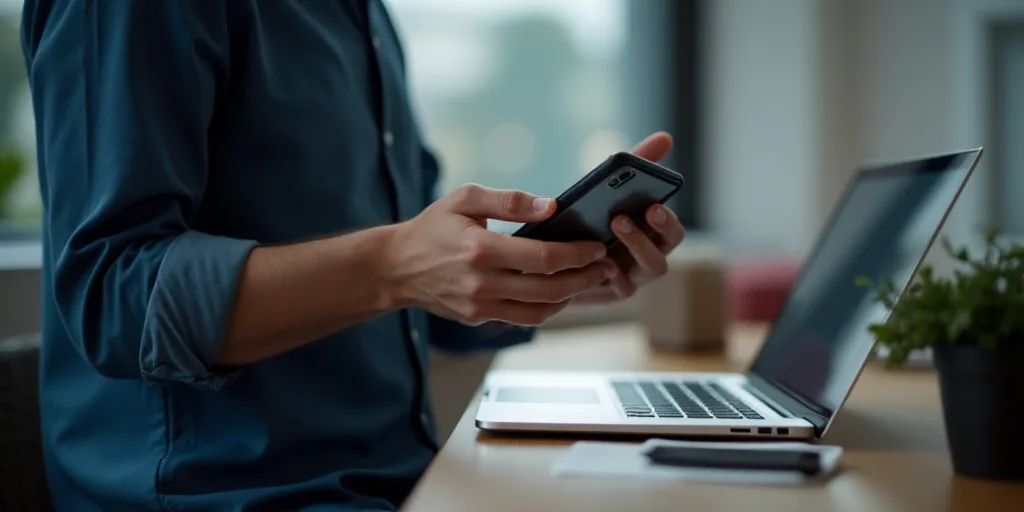 a man holding a cell phone next to a laptop computer and a hand holding a phone in front of him, Avg