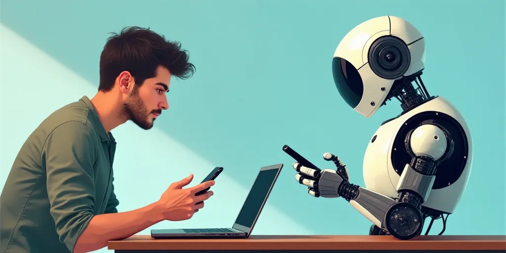 a man holding a cell phone next to a laptop computer and a robot holding a phone in his hand, Avgust