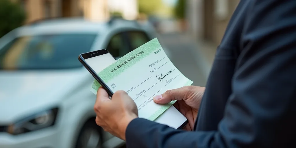 a man holding a check and a phone in his hand and a car in the background with a green and white che