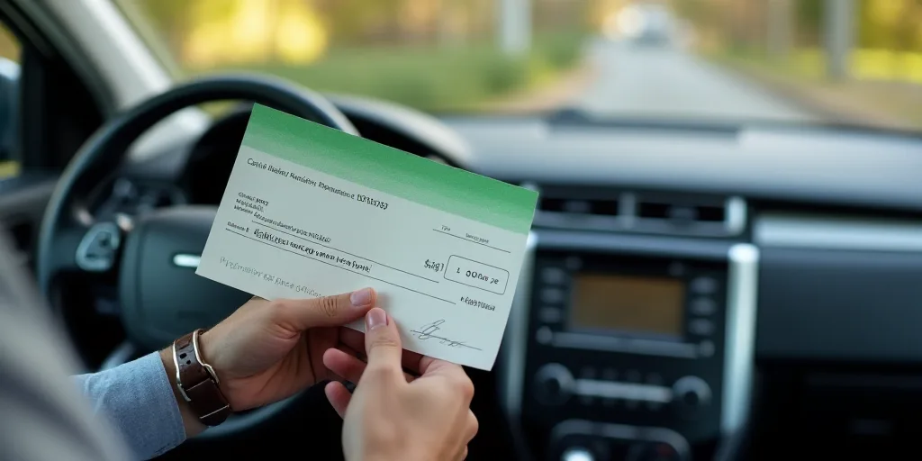 a man holding a check and a phone in his hand and a car in the background with a green and white che