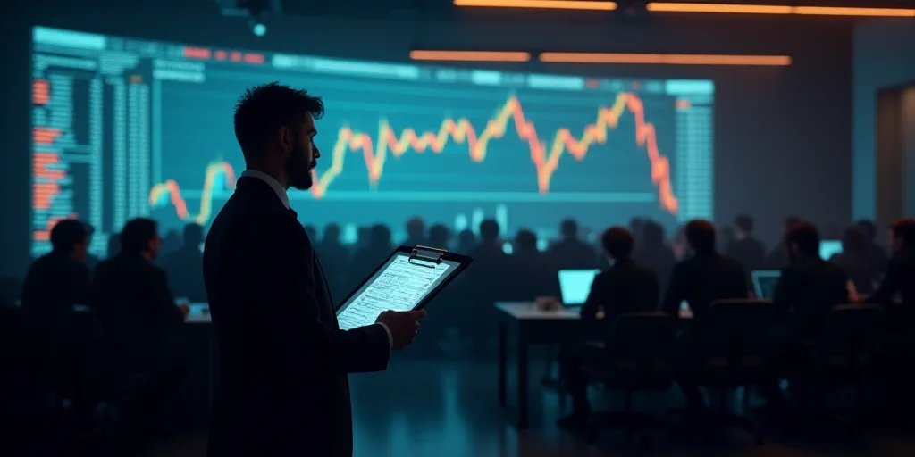 a man holding a clipboard in a room full of people and a large screen with a stock market on it, And