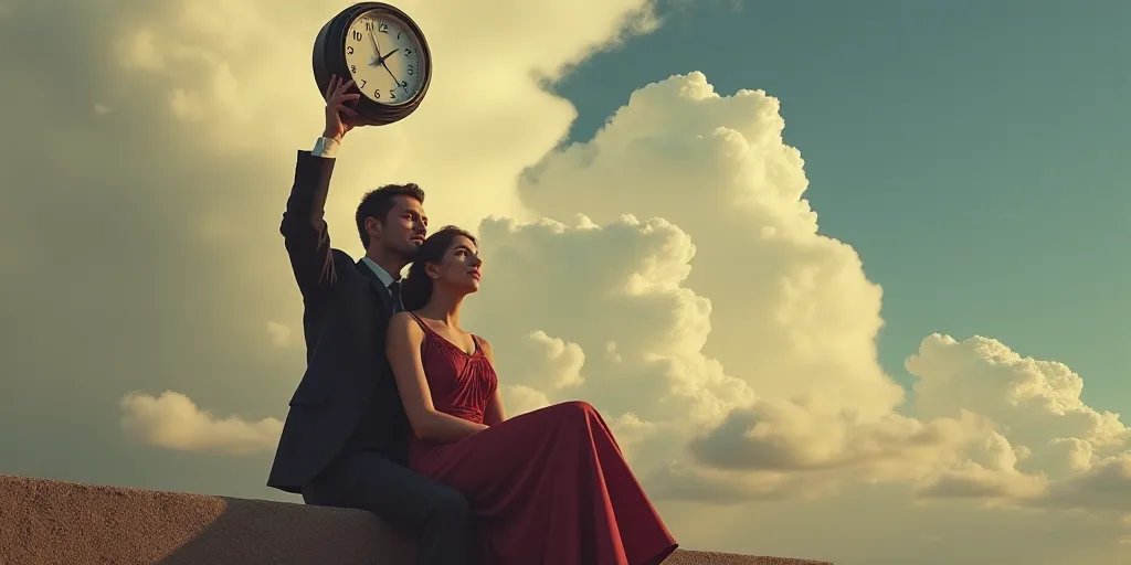 a man holding a clock in the air with a woman on his lap next to him and a man holding a clock in th