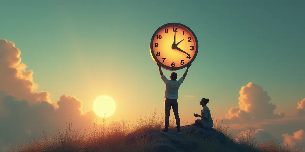 a man holding a clock in the air with a woman on his lap next to him and a man holding a clock in th