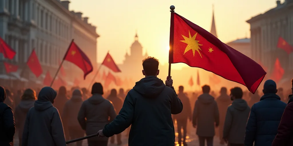 a man holding a flag and a stick in his hand while standing in front of a crowd of people, Adam Chmi