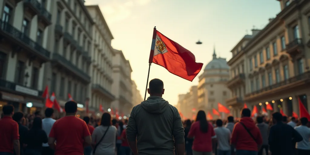 a man holding a flag in a crowd of people in a city street with buildings in the background and a cr