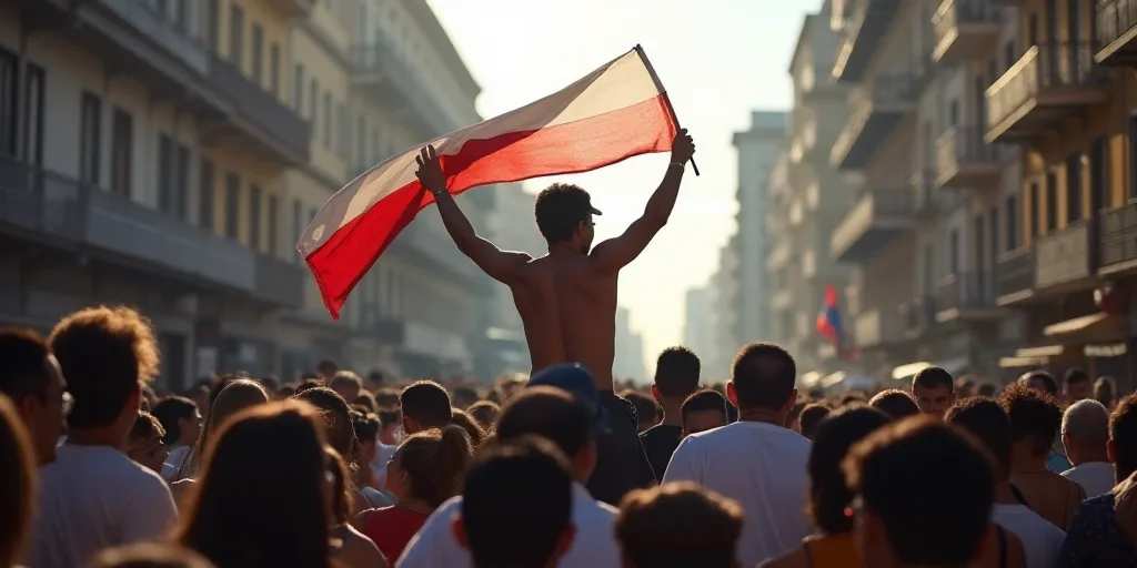 a man holding a flag in a crowd of people in a city street with buildings in the background and a cr