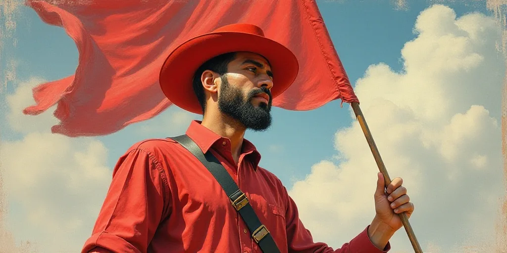 a man holding a flag in his hand and a red hat on his head and a red shirt on his shoulder, Estuardo