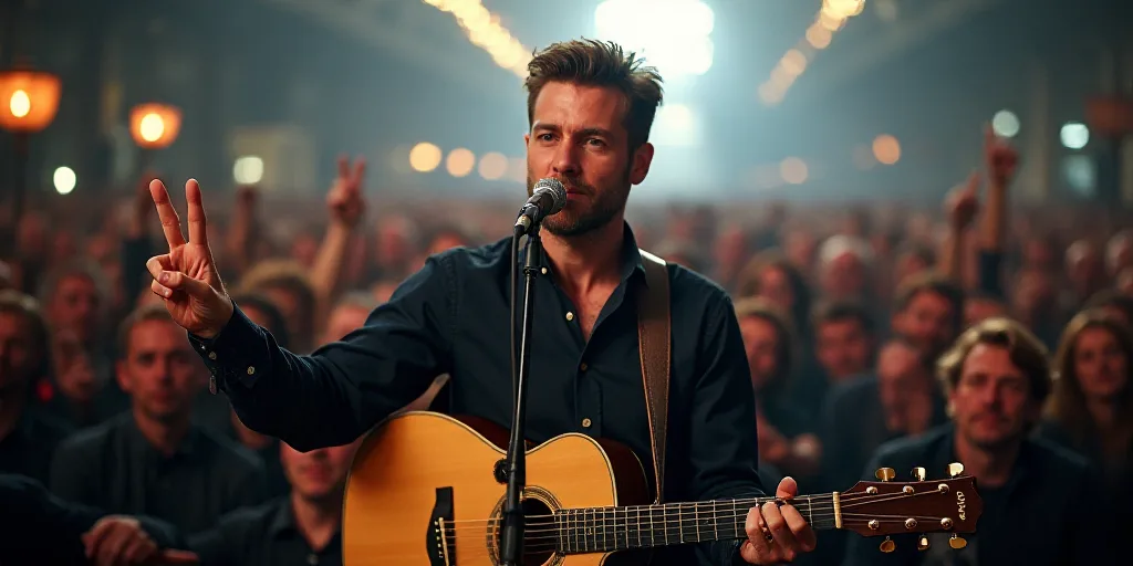 a man holding a guitar and giving a peace sign while standing in front of a crowd of people with a m
