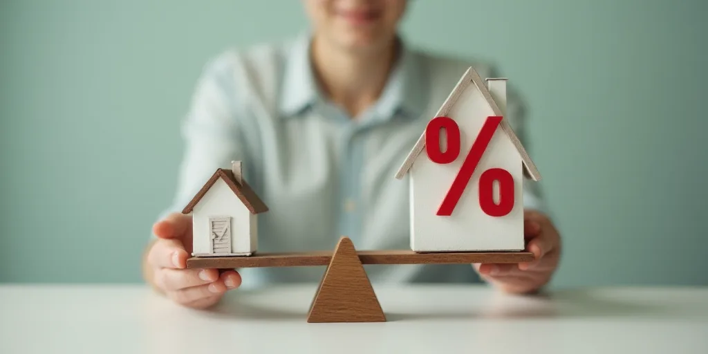 a man holding a house and a small house on a scale with a percentage sign on it, with a red percenta