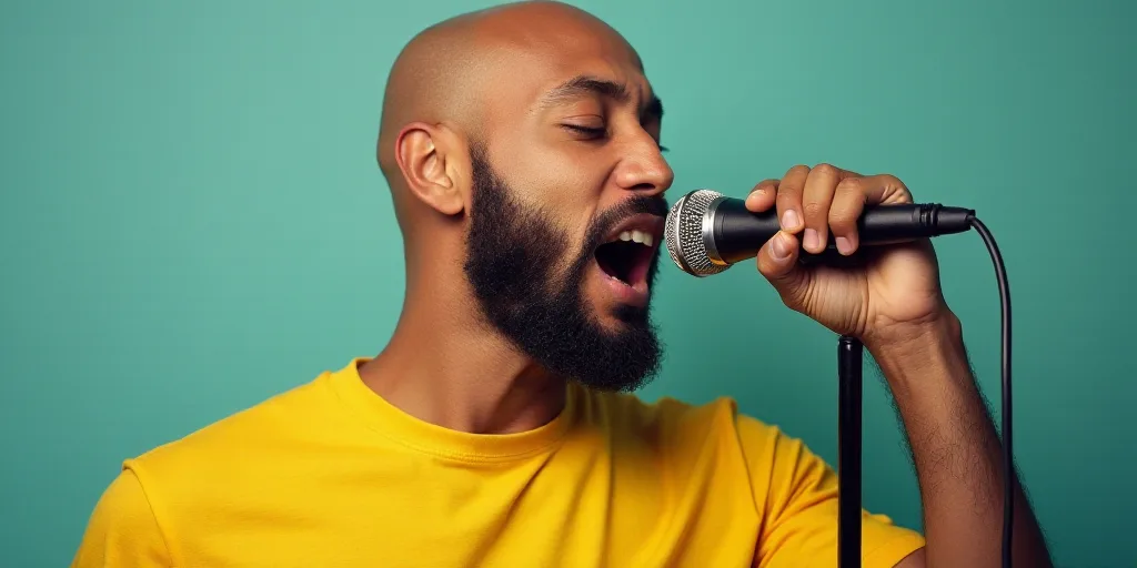 a man holding a microphone up to his ear and speaking into a microphone with a yellow shirt on his s