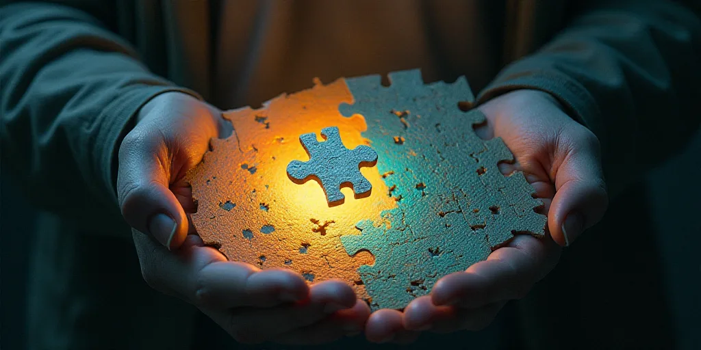 a man holding a piece of a puzzle in his hands while looking at it with a bright light shining on hi