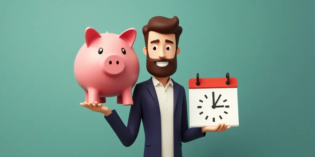 a man holding a piggy bank and a calendar with a clock on it and a calendar with a piggy bank, Avgus