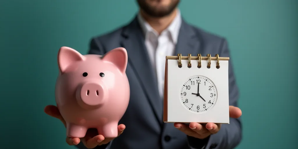 a man holding a piggy bank and a calendar with a clock on it and a calendar with a piggy bank, Avgus