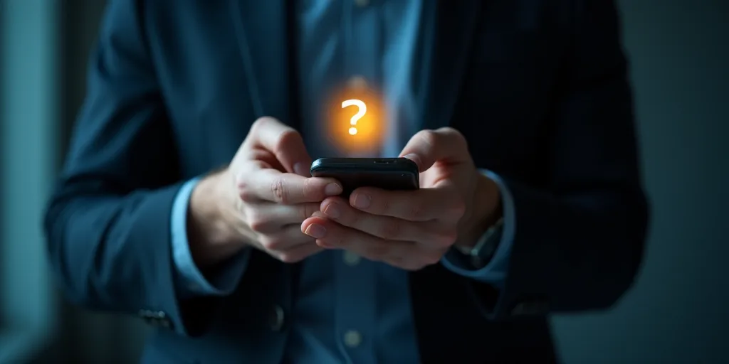 a man holding a smart phone in his hands with a glowing icon on the screen in the background of the