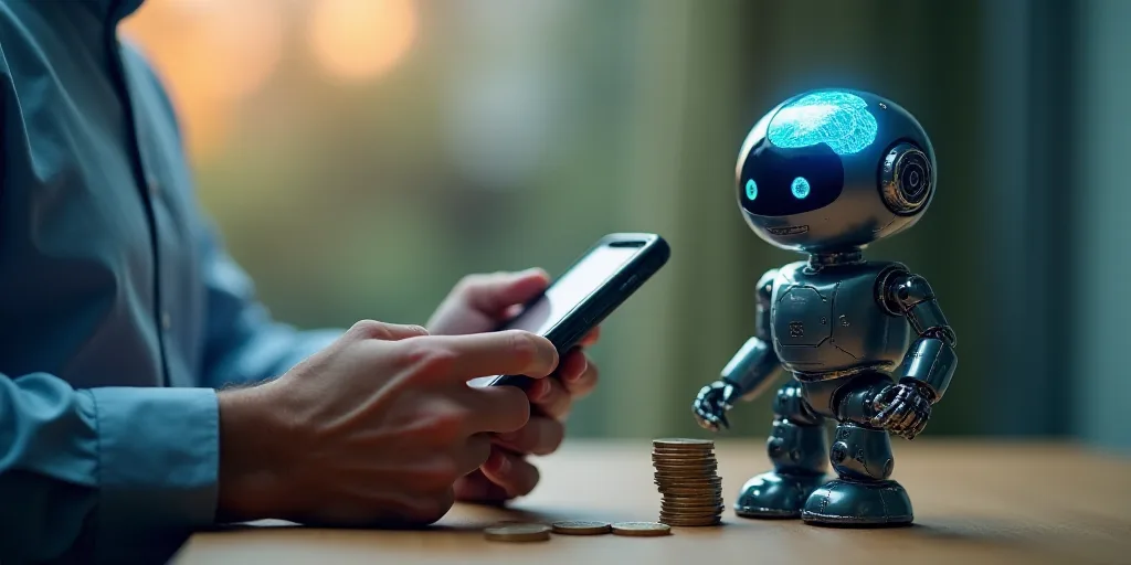 a man holding a smart phone next to a robot and a pile of coins and a phone with a brain on it, Andr