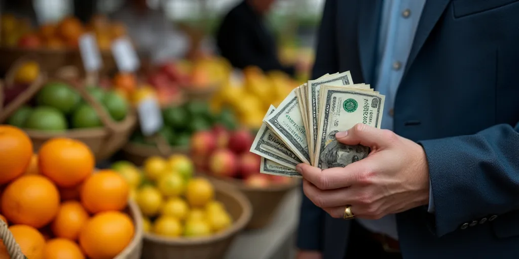 a man holding a stack of money in his hands next to a fruit stand with fruit on display in baskets,