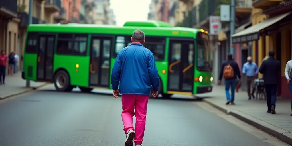 a man in a blue jacket and pink pants walking down a street with a green bus behind him and people w