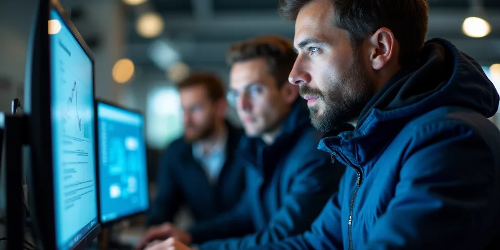 a man in a blue jacket is looking at a computer screen while two other men look on in the background