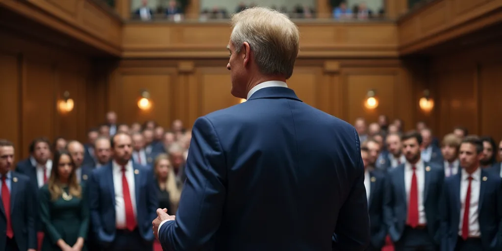 a man in a blue suit and red tie giving a speech to a group of people in a building, Charles Fremont