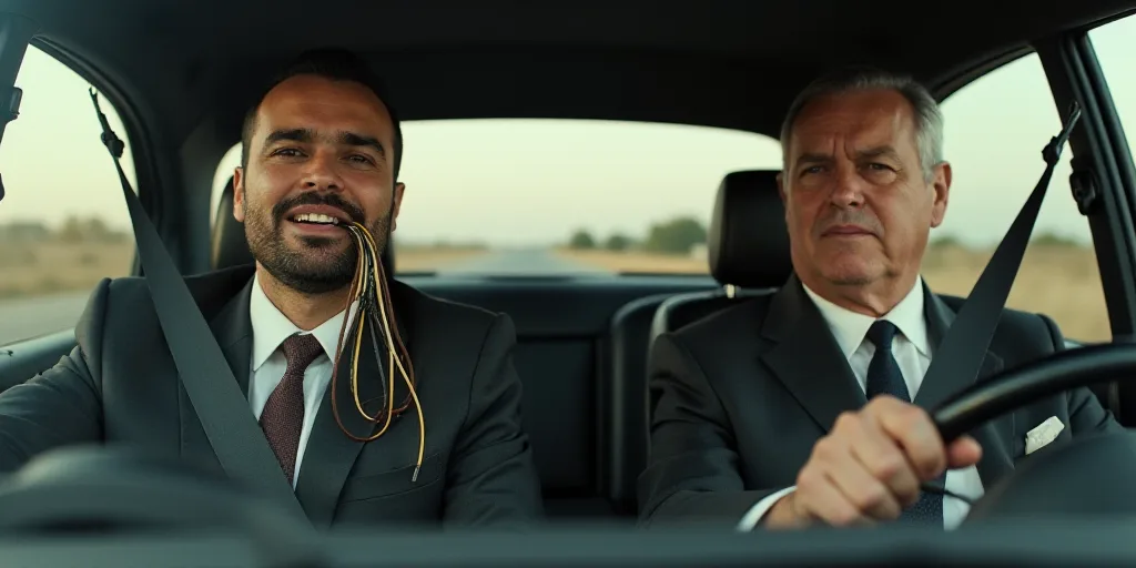 a man in a car with a lot of wires in his mouth and a man in a suit and tie, Estuardo Maldonado, ful