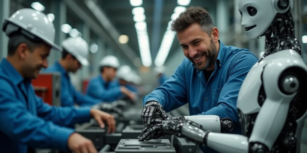 a man in a factory working on a machine with other workers in the background looking on and smiling