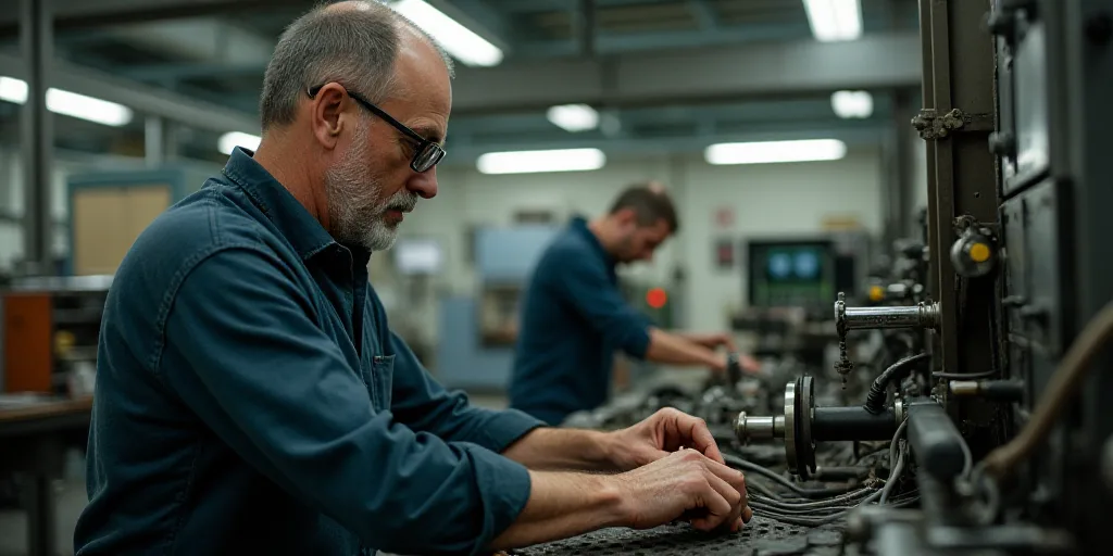 a man in a factory working on a machine with another man in the background working on something with