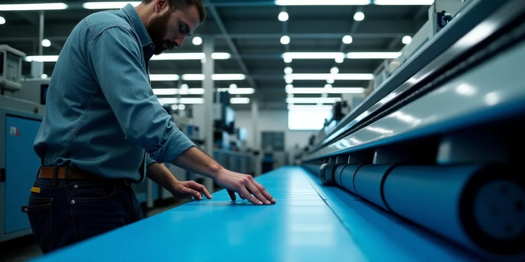 a man in a factory working on a machine with a blue floor and a blue conveyor belt behind him, Andri