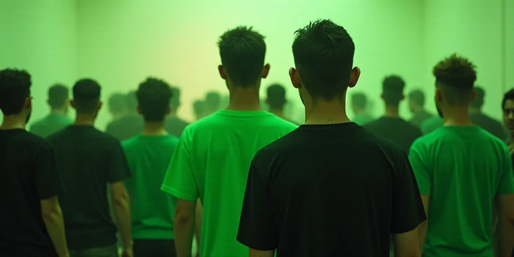 a man in a green shirt and a man in a black shirt and some men in green shirts and one man in a blac
