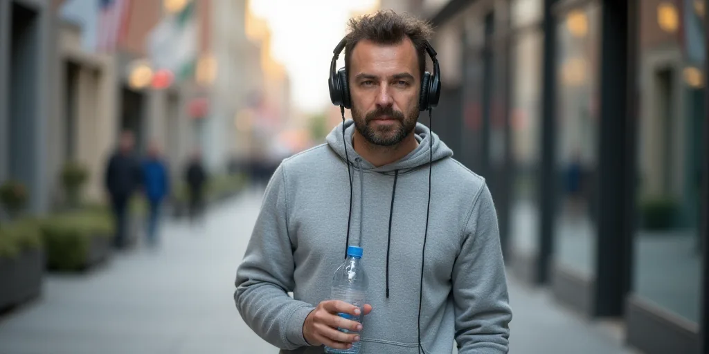 a man in a grey sweatshirt holding a bottle of water and a pair of headphones on his head, Antonie P