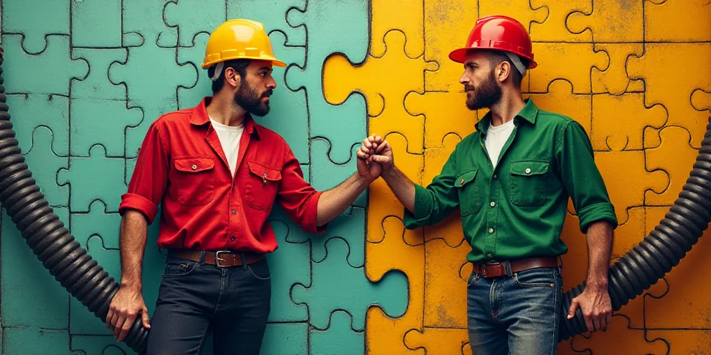 a man in a hard hat and red shirt holding a large pipe in his hand and a man in a green shirt and a