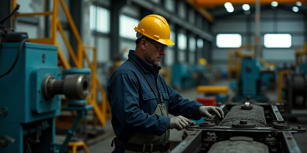 a man in a hard hat and safety gear working on a machine in a factory area with other machinery, Con