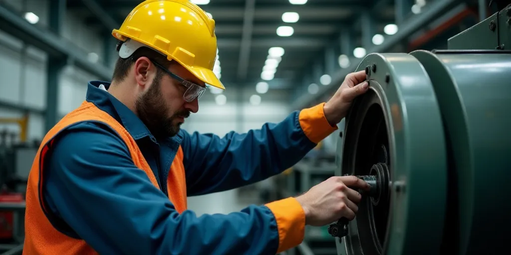 a man in a hard hat and safety gear working on a machine in a factory or building with a yellow helm