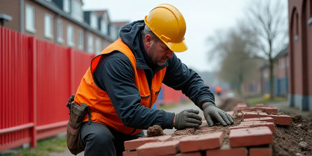 a man in a hard hat and safety gear working on a building site with red bricks and a red fence, Coli