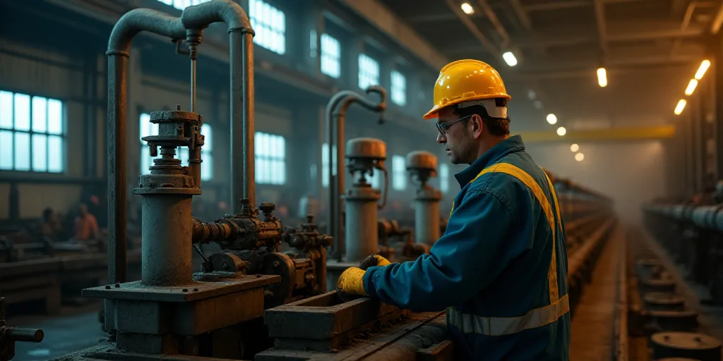 a man in a hard hat and safety gear working on a machine in a factory area with other machinery, Con