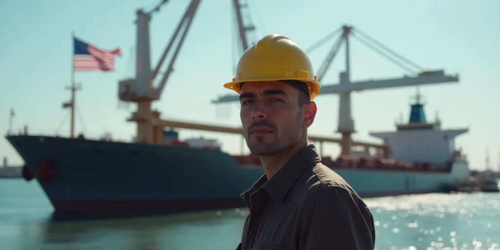 a man in a hard hat standing in front of a large ship with flags flying in the background of a harbo