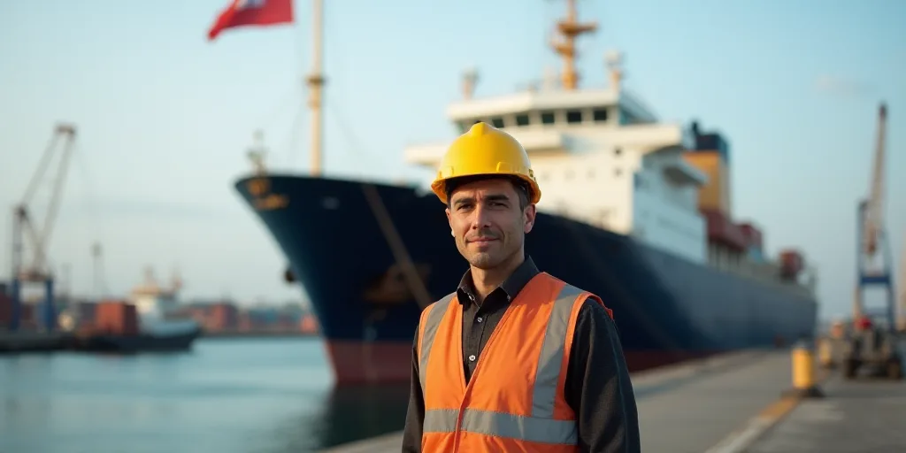 a man in a hard hat standing in front of a large ship with flags flying in the background of a harbo