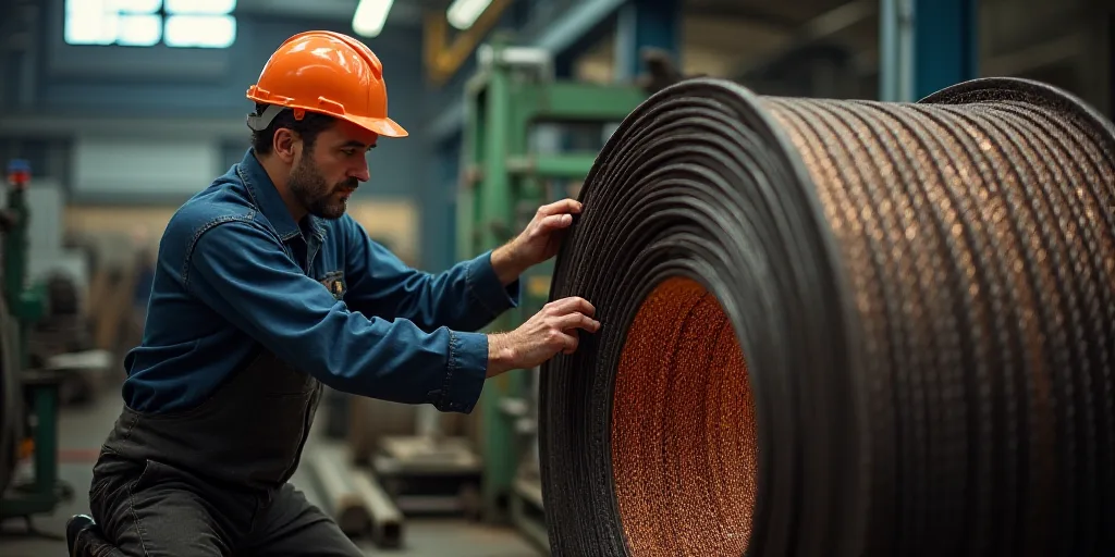 a man in a hard hat working on a large coil of wires in a factory with a machine in the background,