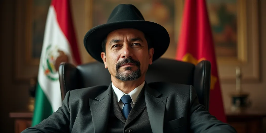 a man in a hat sitting in a chair with a flag behind him and a flag behind him with a coat on, Estua