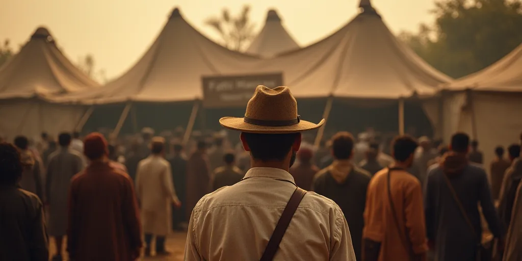 a man in a hat standing in front of a crowd of people in a tent or tent with a sign on it, Fathi Has