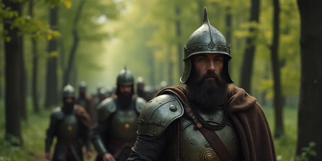 a man in a helmet and a beard is walking through a forest with other men in armor and helmets, Clovi