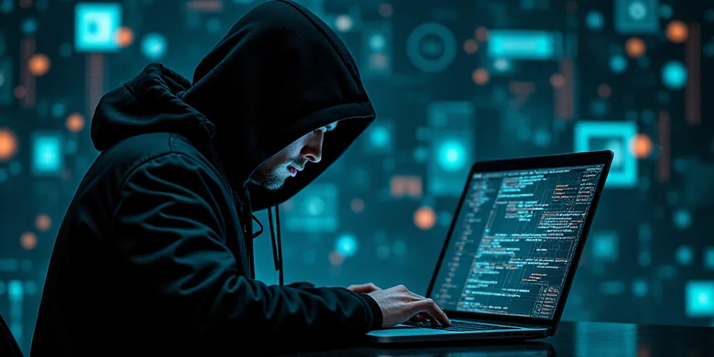 a man in a hooded jacket using a laptop computer surrounded by futuristic technology and symbols on