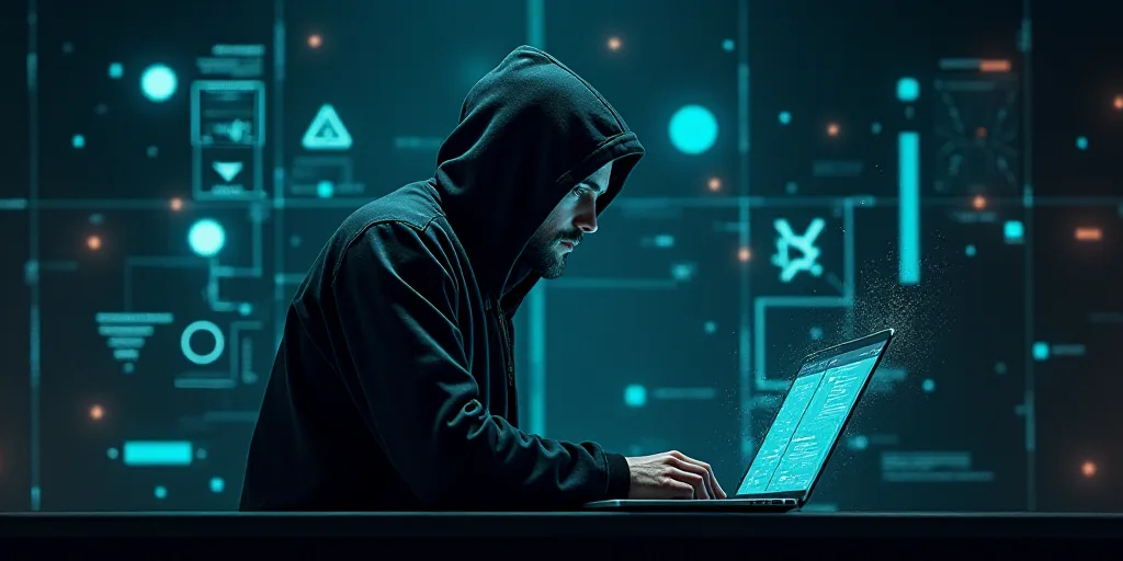 a man in a hooded jacket using a laptop computer surrounded by futuristic technology and symbols on