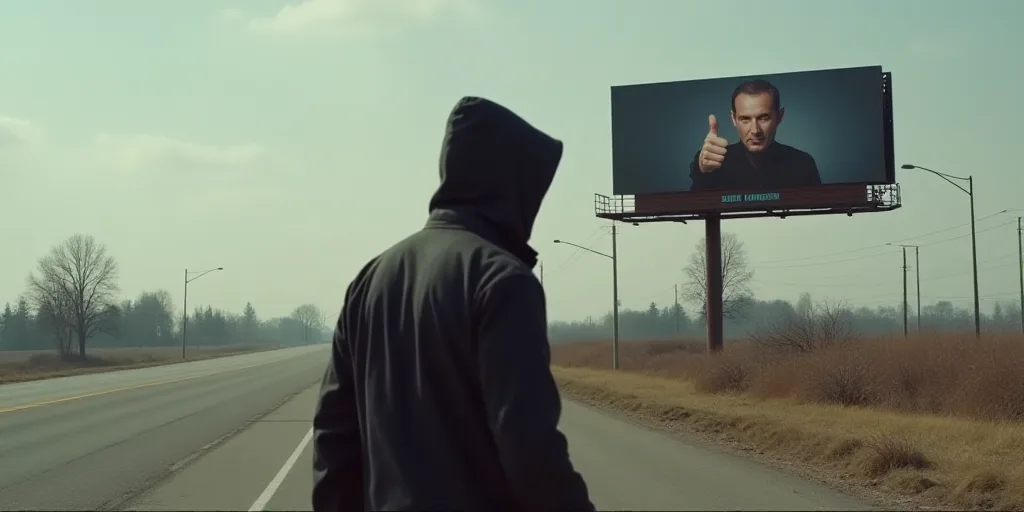 a man in a hooded jacket walks past a billboard with a picture of a man giving a thumbs up, Dong Kin