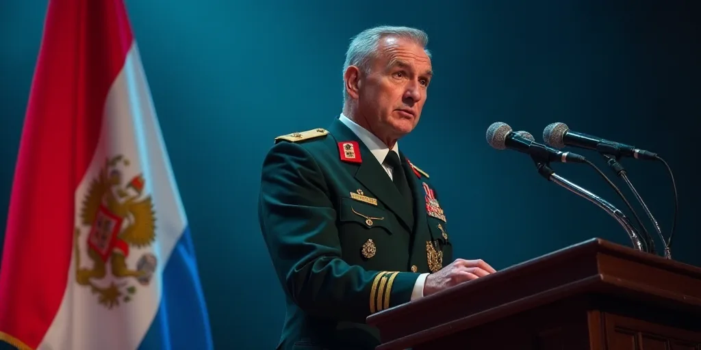 a man in a military uniform giving a speech at a podium with a microphone in front of him and a flag