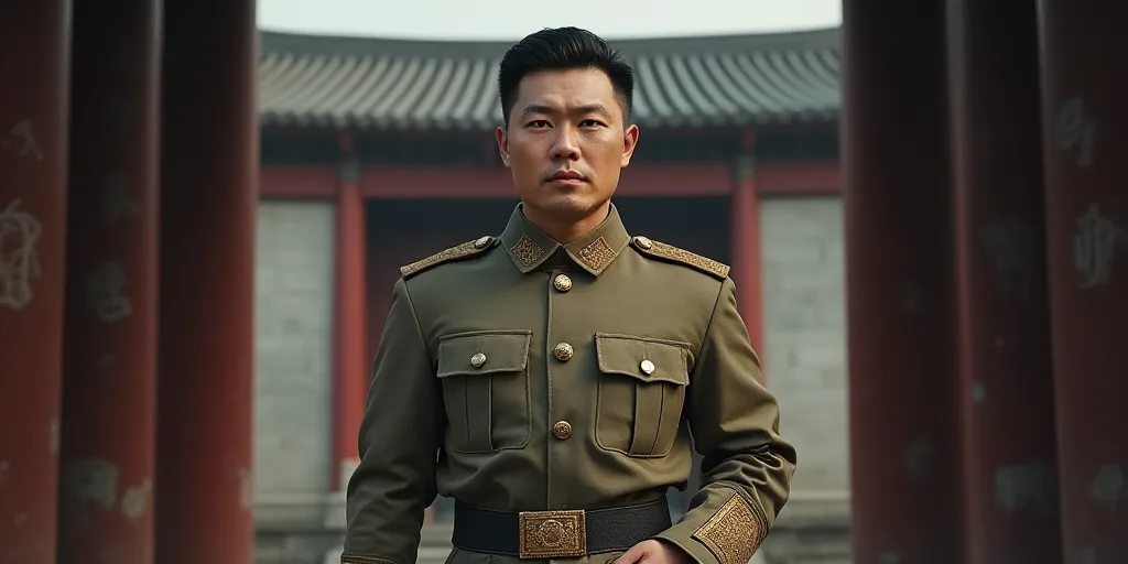 a man in a military uniform standing in front of a wall with bars on it's sides and a building behin